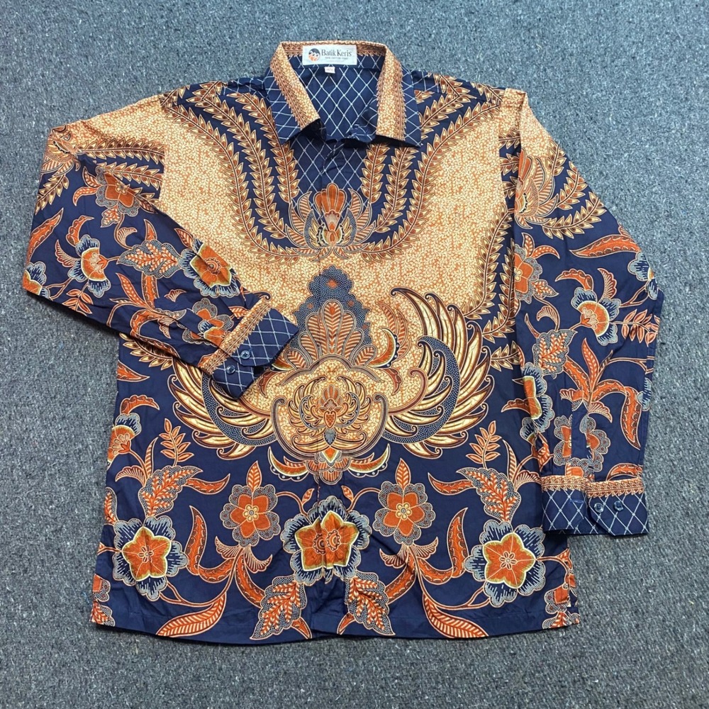 Batik Keris Shirt Sz 15.5 Mens Blue Orange Boho Indonesian Long Sleeve TShirt